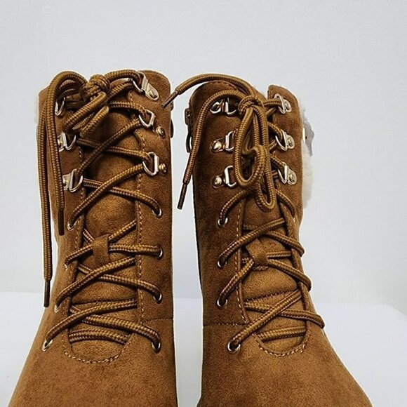 Brown Faux Suede Shearling Cuff Lug Sole Booties 7.5 - Picture 10 of 12